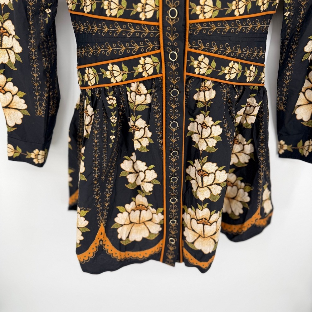 Farm Rio Black Embroidered Flowers Topstitching Long Sleeve Mini Dress Boho NEW - Picture 6 of 13